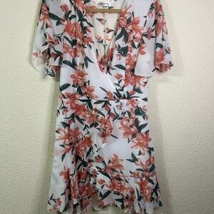 Angashion Short Flare Sleeve Floral V-Neck Flowy Layered Crossover Dress Large